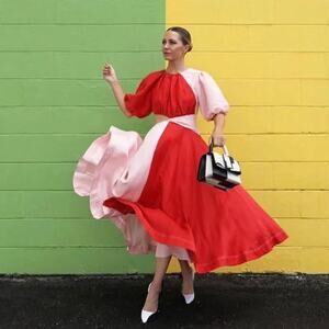 Aje Impermanence Entwined Midi Dress Pink Red Silk Puff Sleeve Party Size XXS